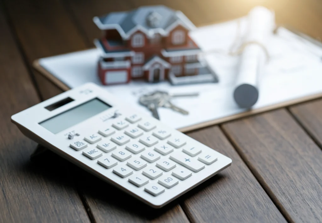 Calculatrice, clés et maquette de maison illustrant l'étude de budget pour un prêt immobilier à Betton.