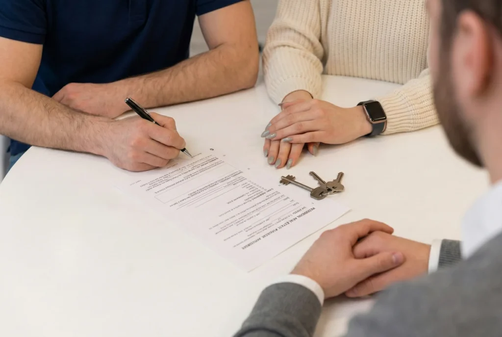 Signature de l'acte d'achat immobilier par un couple accompagné de leur courtier à Bruz, avec les clés de la maison posées sur le contrat