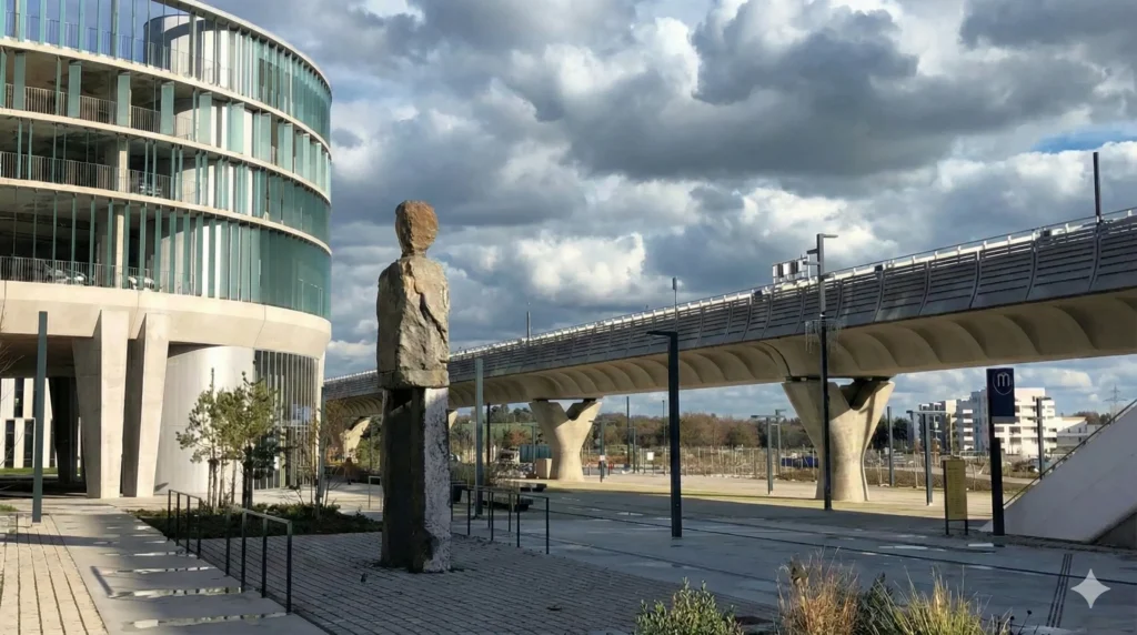 Vue du quartier ViaSilva à Cesson-Sévigné avec le viaduc du métro, illustrant le dynamisme du marché immobilier neuf couvert par votre courtier local.