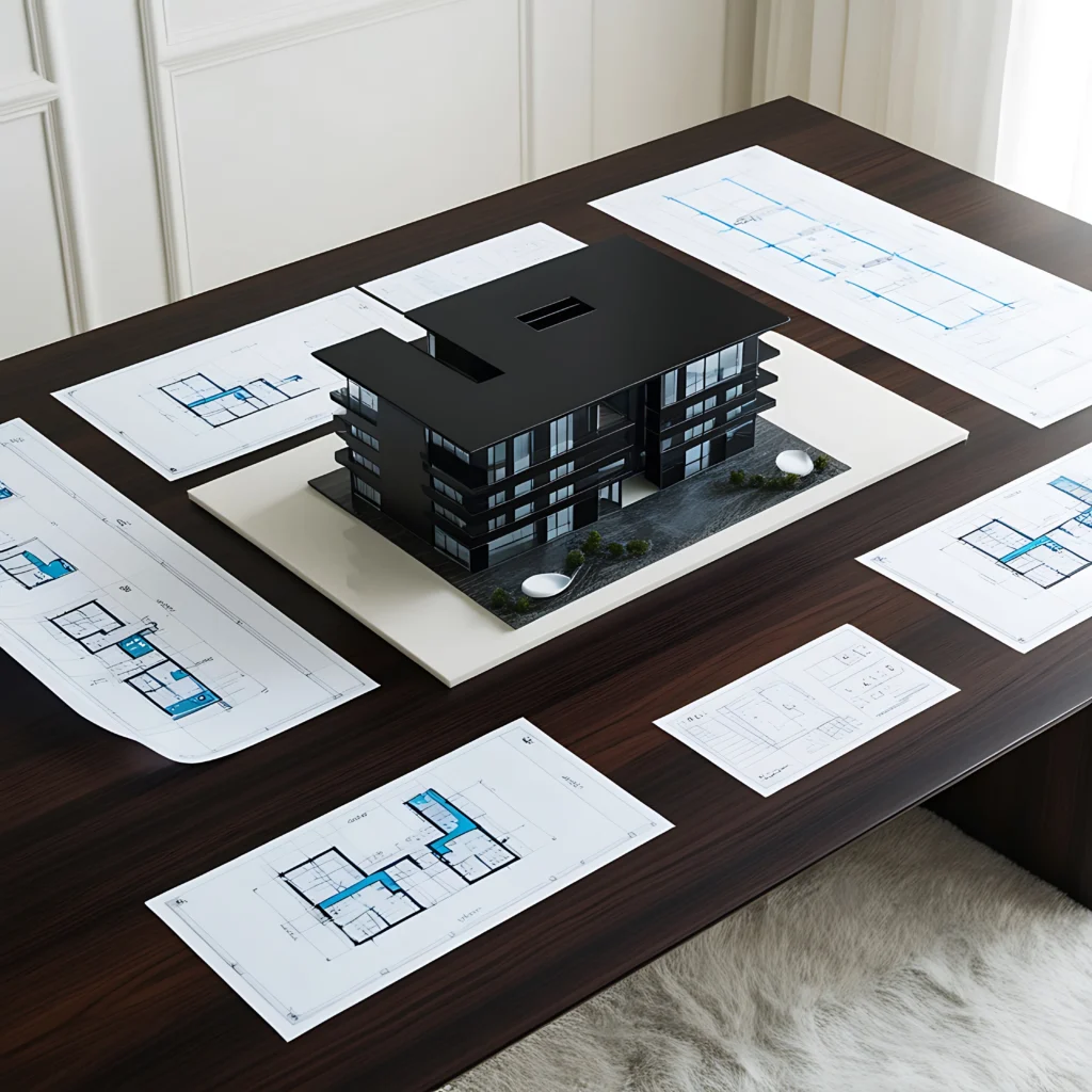 Maquette architecturale d'un immeuble moderne et plans de construction, illustrant un projet immobilier neuf à Châteaubourg.