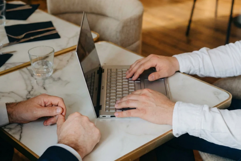 Courtier à Nantes réalisant une simulation de crédit immobilier sur ordinateur portable face à un client lors d'un rendez-vous