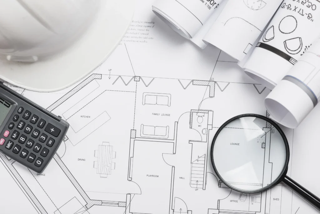 Casque de chantier, plans roulés et loupe, illustrant l'analyse minutieuse d'un dossier de financement pour une construction à Pacé.