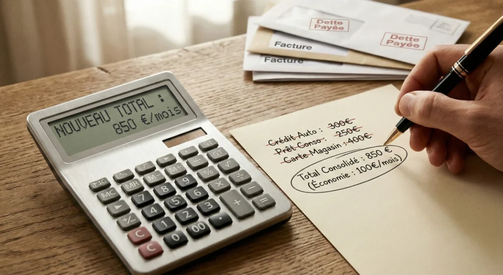 Calculatrice affichant une baisse de mensualité suite à une opération de rachat de crédits consolidés à Vertou