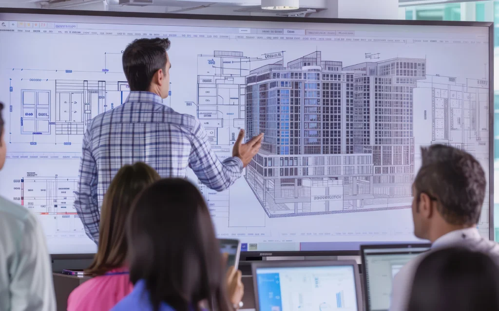 Présentation sur grand écran des plans d'architecte d'un futur immeuble à un groupe d'investisseurs lors d'une réunion pour un Club Deal immobilier.